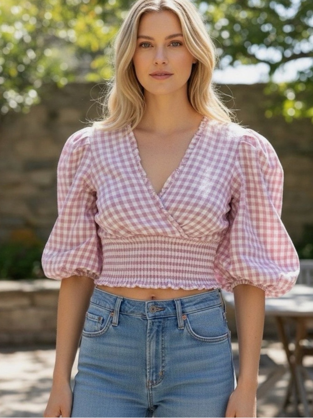 Abercrombie & Fitch Pink Gingham Puff-Sleeve Smocked Crop Top